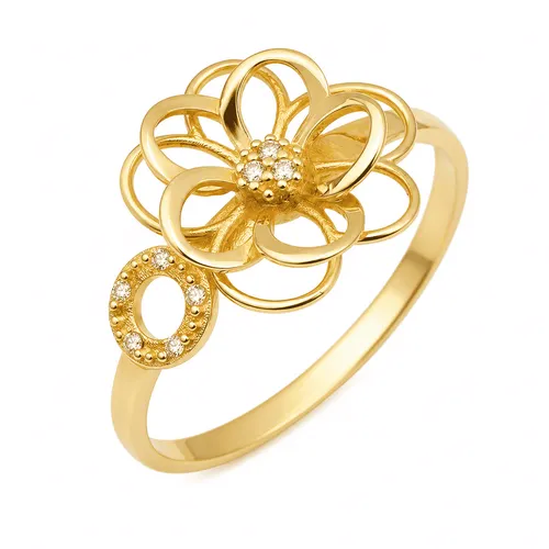 Anel Flor Vazada com 8 Diamantes em Ouro 18K