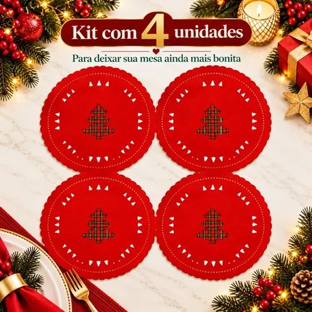 Sousplat Mesa Posta Natal Jogo Americano Enfeite Natal Kit 4 Unid Decoração Mesa Festiva Vermelho 35