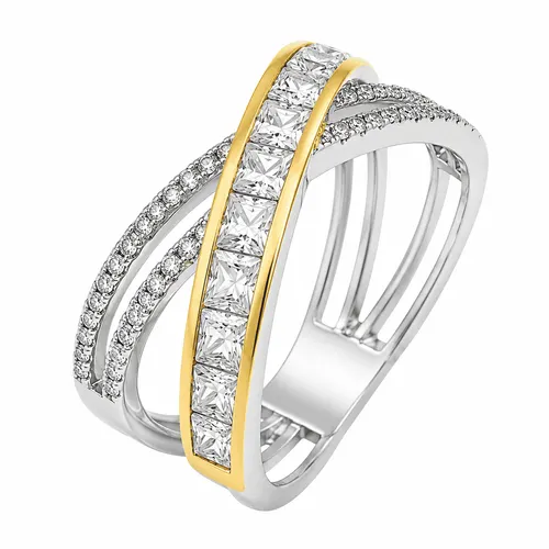 Anel em X com Zircônias Carré 2,5 mm em Prata 925 e Prata Banhada a Ouro