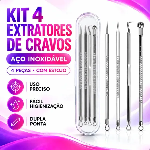 Kit 4 Extrator Removedor de Cravo Espinha Acne Inox com Estojo