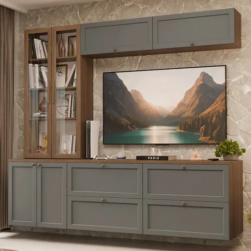 Estante Sala de Estar com Rack + Cristaleira 230cm Rustic/Cinza/Rustic Vik Madesa 02