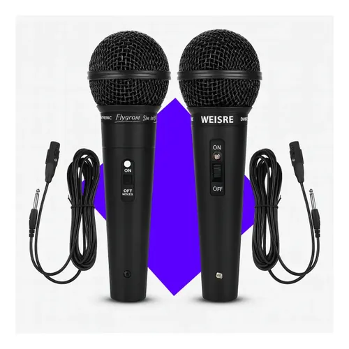Kit 2 Microfones Profissional Duplo Dinâmico Karaoke Igreja Palestras com Fio Micgeek