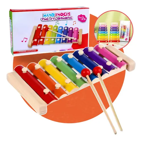 Xilofone Infantil Colorido 8 Teclas Alumínio e Madeira