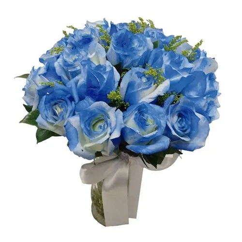 20 Rosas Tingidas de Azul no Vaso