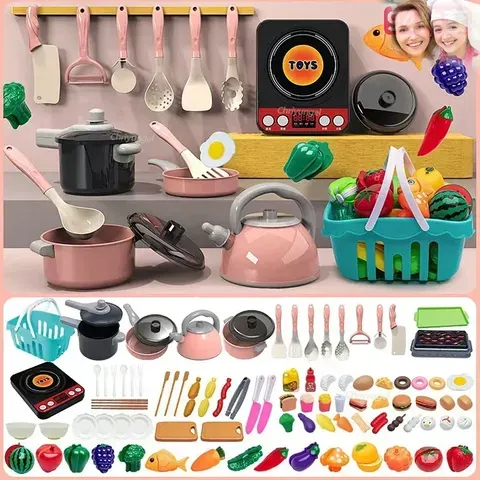 Conjunto de brinquedos de cozinha para crianças, 92/86/69/59 peças, kit de acessórios de cozinha com panelas, comida de fingir, brinquedo de cozinha, presente para meninos e meninas