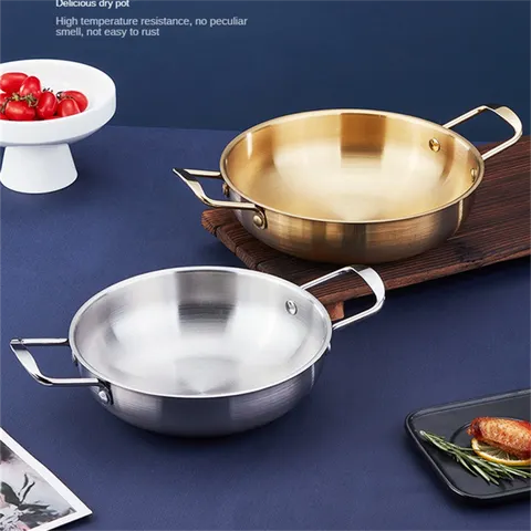 Panelas de aço inoxidável, panelas secas com alça, cozinha doméstica, paella, frutos do mar, arroz, piquenique, lanche