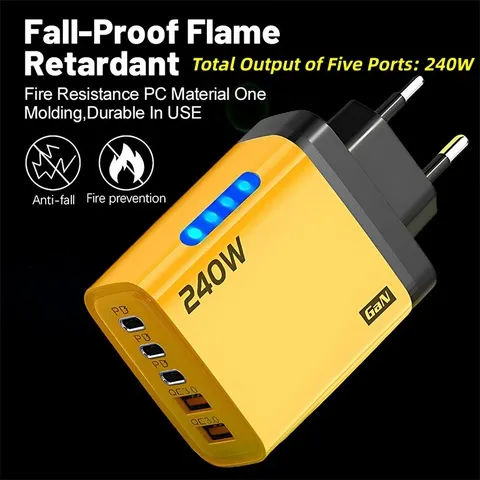 Carregador rápido usb multiportas 240w, 2usb + 3typec, cabeça de carregamento de telefone com luz led, adaptador de carga rápida para iphone, samsung, laptop