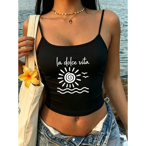 Camisola de estilo americano com decote redondo – La Vita, estampa vintage com motivos solares, estilo vintage Y2K, alças ajustáveis.