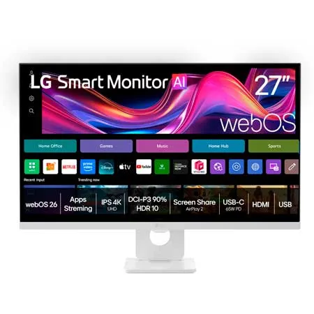 Monitor LG Smart AI 27U731SB, Tela IPS 27" 4K UHD, WebOS 26, AirPlay 2, Screen Share, ThinQ, Bluetooth, Wi-Fi,DCI-P3 90%, HDR10, USB-C (65W PD), HDMI, USB, Alto-Falante integrado - 27U731SB-W