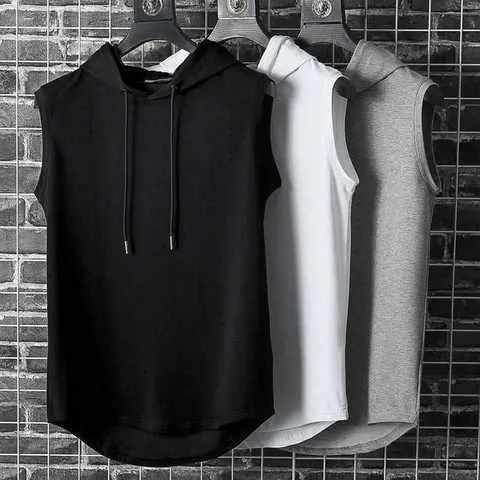 Cor sólida 2023 marca nova regata masculina colete sem mangas camisetas para masculino com capuz homem coletes topos hip hop regata masculina t camisa