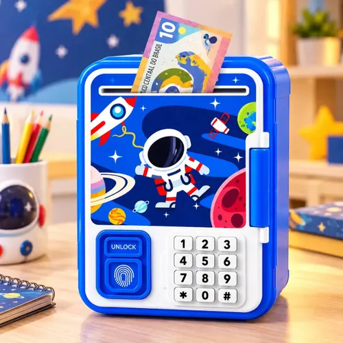 Cofrinho Eletrônico Astronauta Azul com Senha Digital de Plástico para Crianças