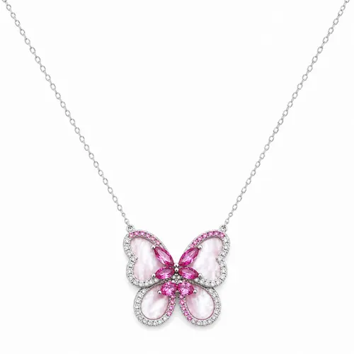 Colar 45 cm com Pingente Asa de Borboleta em Madrepérola Pink Prata 925