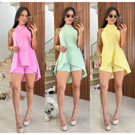 Conjunto Feminino  Duna  Frente Única Estilo Vestido Macaquinho  Soltinho com Decote nas Costa Tendência