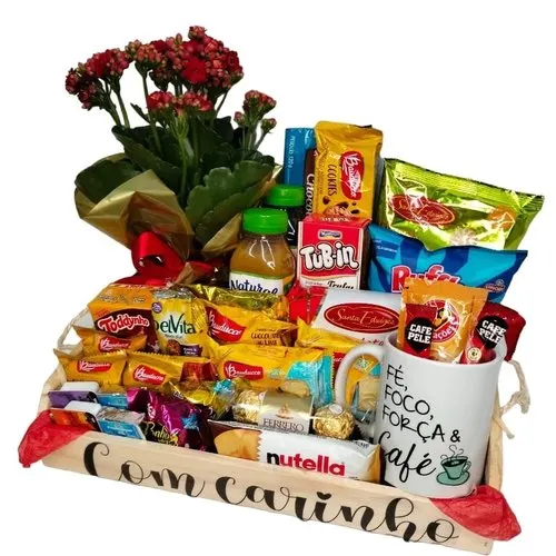 Cesta de Café Grande com Biscoitos, Caneca e Flores