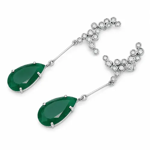 Brinco com 28 Diamantes e Gota de Esmeralda em Ouro Branco 18K