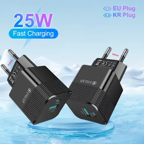 Carregador Rápido USB C PD 25W com 2 Portas, Adaptador de Viagem Mini KR EU para Carregamento Rápido de iPhone 15 Pro Max e Oneplus