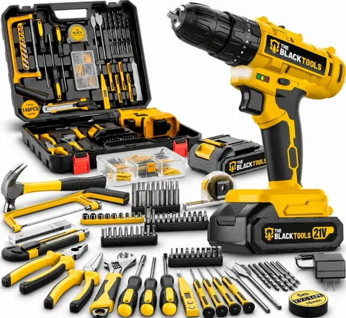 Parafusadeira Furadeira de Impacto The Black Tools Profissional Bateria 21V C/ Maleta + Kit Acessórios 145 Peças TBKIT23