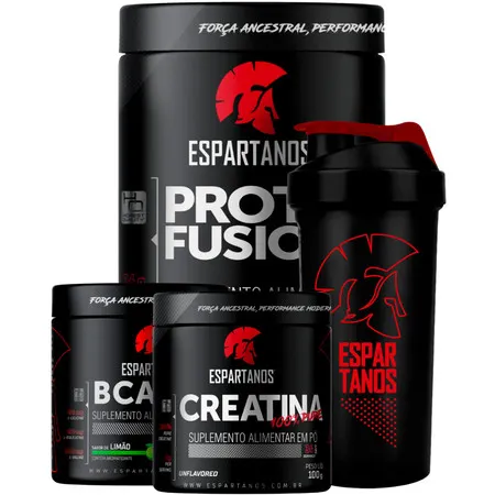 Kit Whey Protein Fusion + Bcaa + Creatina + Shaker - Espartanos