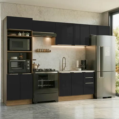 Armário de Cozinha Completa 350 x 60 cm Rustic/Preto Lux Madesa 02