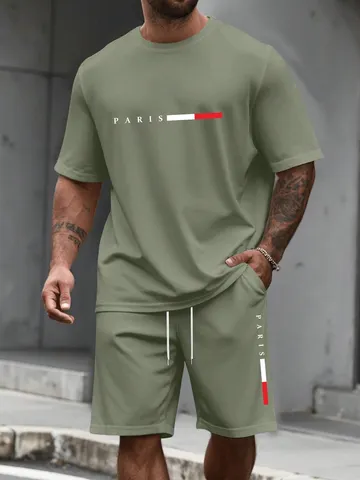 Fato de treino masculino 2 peças ​ O-pescoço camisa de manga curta shorts definir terno de corrida masculino plus size t camisas homem roupas verão camiseta