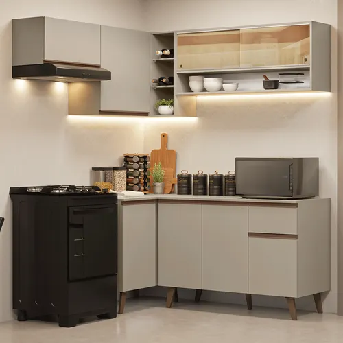 Armário de Cozinha Completa de Canto 325 cm Crema Nice Madesa 04