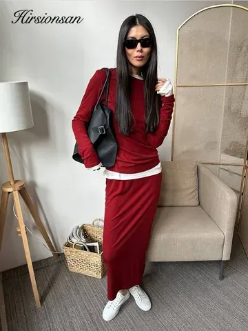 Conjunto Feminino Hirsionsan Modal Macio e Solto 2026: Camisetas de Manga Longa e Vestidos de Cintura Alta - Agasalho Casual de Duas Peças