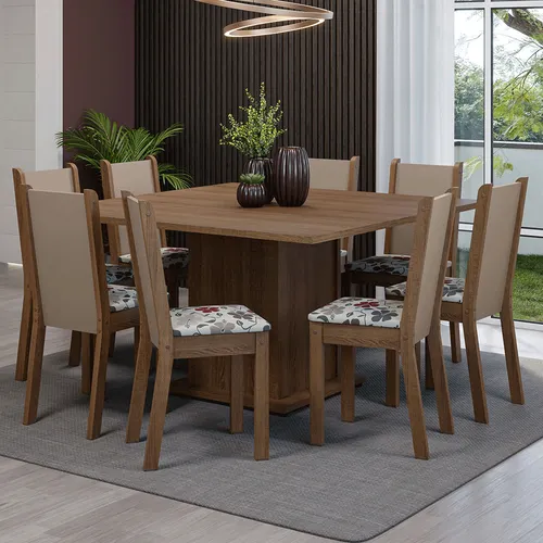 Conjunto Sala de Jantar Mesa Tampo de Madeira 8 Cadeiras Rustic/Crema/Hibiscos Marisa Madesa