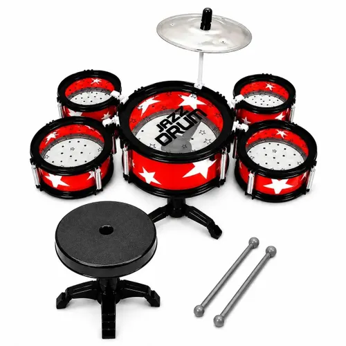 Mini Bateria Infantil Completa Banquinho Brinquedo 5 Tambores com Baquetas Presente Cor Vermelho