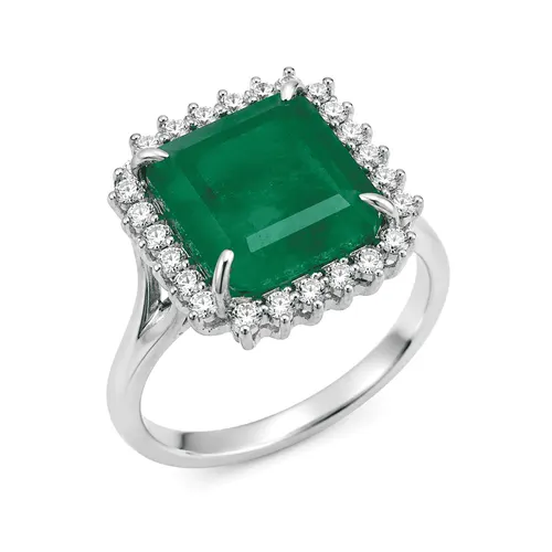 Anel 1,3 cm Carré Esmeralda com 26 Diamantes em Ouro Branco 18k