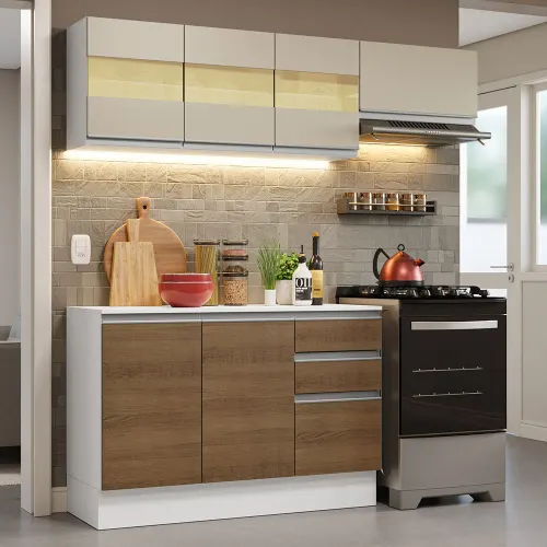 Armário de Cozinha Compacta 100% MDF 180cm Branco/Rustic/Crema Smart Madesa 02
