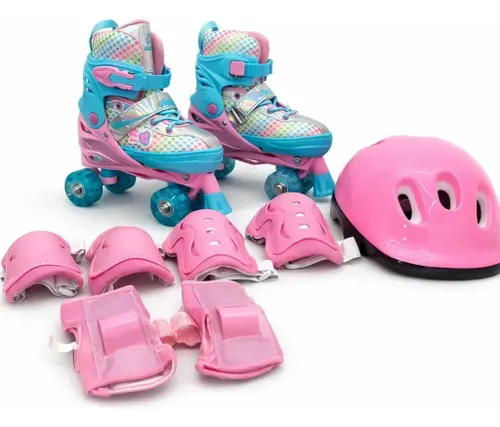 Roller Patins Infantil Rosa 4 Rodas + Kit Proteção Adulto 32 ao 35 Ajustável Rosa/azul Celeste