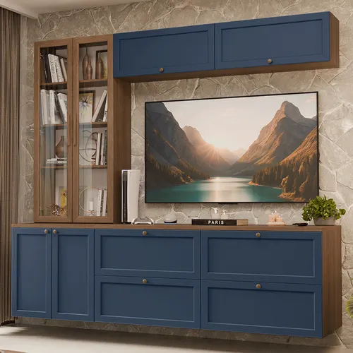 Estante Sala de Estar com Rack + Cristaleira 230cm Rustic/Azul/Rustic Vik Madesa 02