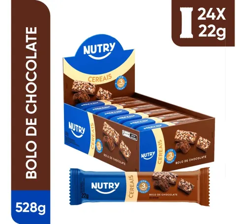 Barra de Cereais Nutry Bolo de Chocolate 22g - Display com 24 Unidades - Com 3 Cereais e Cacau