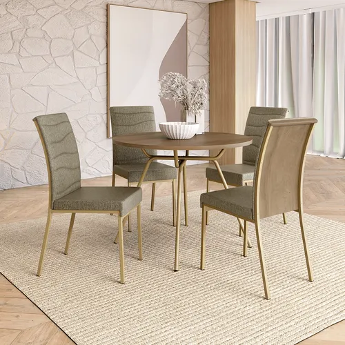 Conjunto de Sala de Jantar 4 Cadeiras Bahamas Carraro Noce Dourado
