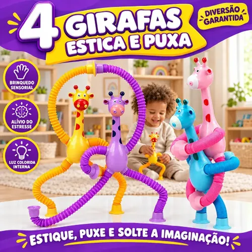 Kit 4 Girafas Estica e Puxa com Ventosa Brinquedo Sensorial Pop It Sensoriais Telescopica Tubo LED Alivio Anti-Stress Toy Presente Infantil Kawaii TikTok Louis Riel Acustico