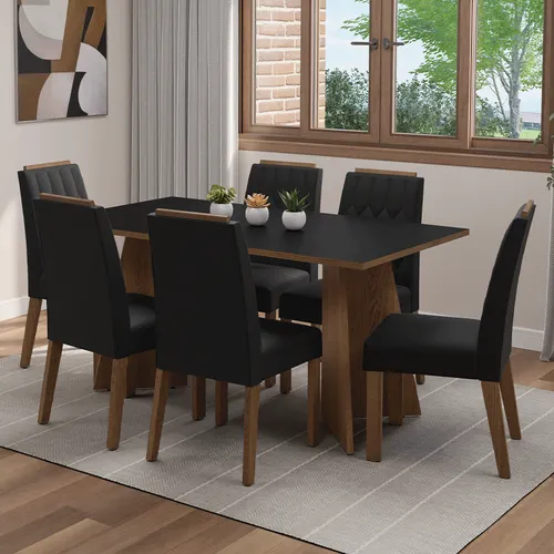 Conjunto Sala de Jantar Tampo de Madeira 6 Cadeiras Rustic/Preto/Oxford Leon Madesa