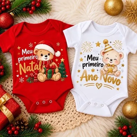 Kit 2 Body Bebê Meu Primeiro Natal e Ano Novo Infantil
