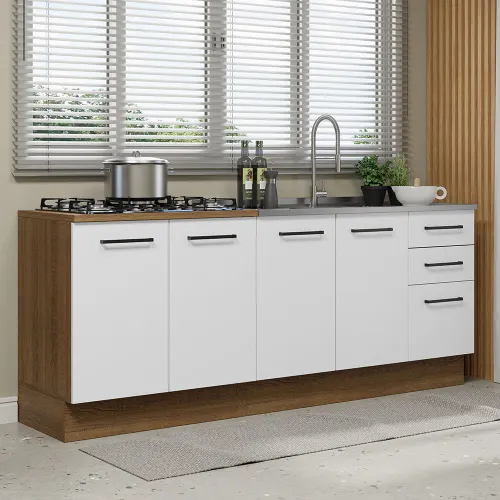 Kit com 2 Balcões de Cozinha Madesa Agata 3 Gavetas 4 Portas (Sem Tampo e Pia) Rustic/Branco