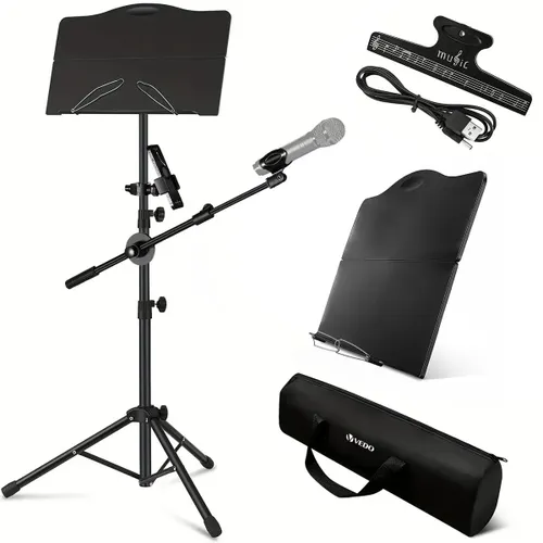 Estante de Partitura Dobrável Vedo com Suporte de Muisica com Suporte de Microfone e Telefone