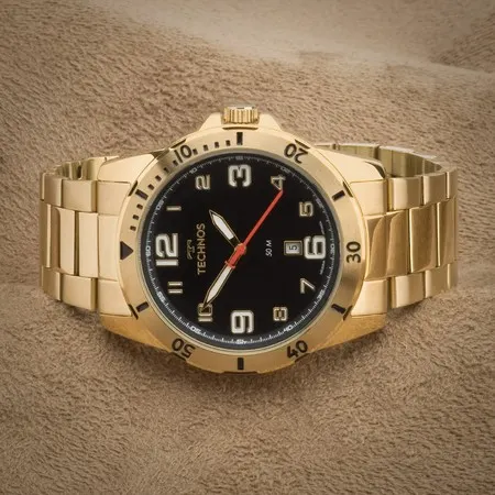 Relógio Masculino Technos Dourado Militar a Prova D'Água Original Presente Homem Namorado Marido Esposo