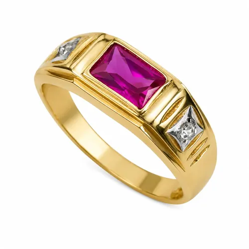 Anel Retangular com Zircônia Rosa em Ouro 18K