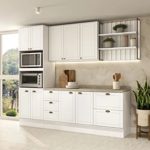 Armário de Cozinha Completa c Balcão Milla Glimmer Carraro Branco