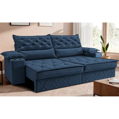 Sofá Retrátil e Reclinável com Porta Copos e Molas Cosmos Velusoft Cama inBox