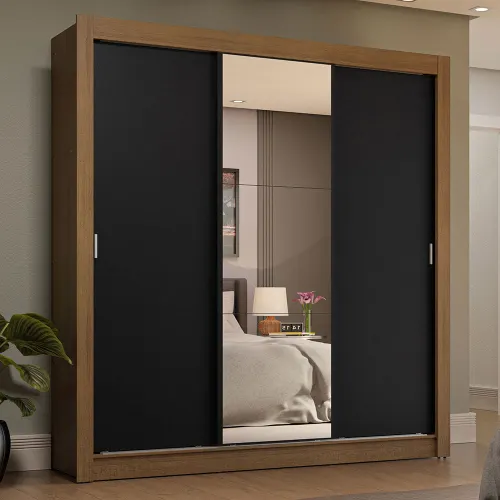 Guarda-Roupa Casal 3 Portas de Correr com Espelho 4 Gavetas Rustic/Preto Sublime Plus Madesa