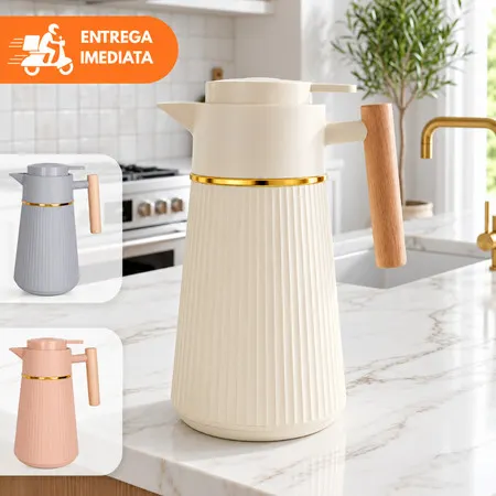 Garrafa Térmica Nórdica Berlim Café 1L Cabo de Madeira Luxo Mesa Posta Canelado Dourado