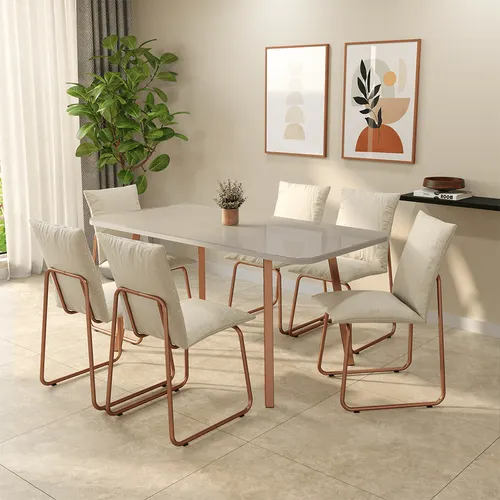 Conjunto Sala de Jantar 6 Cadeiras Lavanda Carraro Off White Rosê