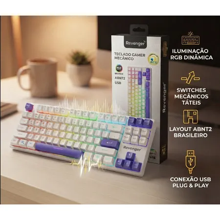Teclado Gamer Mecânico Revenger RGB Branco ABNT2 USB