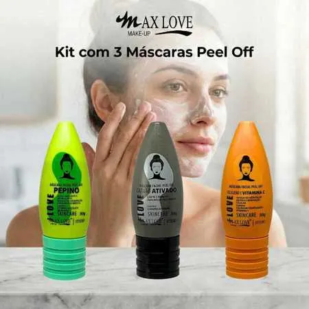 Kit com 3 Máscaras Peel Off - Pepino, Carvão Ativado, Vitamina C Max Love
