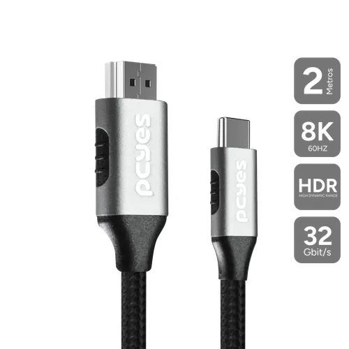 Cabo PCYES USB-C para HDMI 2.1 8K 60Hz 4K 144Hz Nylon 2 Metros PUCH2P
