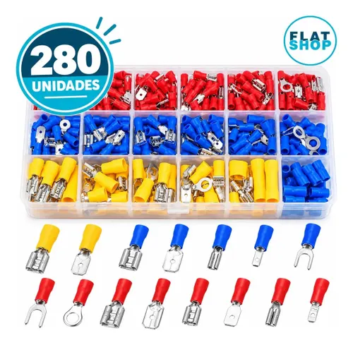 Kit 280 Terminais Elétricos Conectores Pré-isolado Conector Emenda Chicote FLATSHOP Crimpar forquilha Olhal Garfo Faston Automotivo Variados Macho Fêmea com Caixa Organizadora
